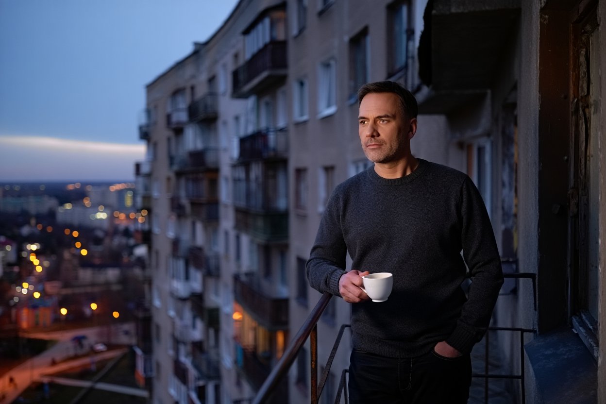 Мужчина размышляет о своей трезвости в вечернее время.