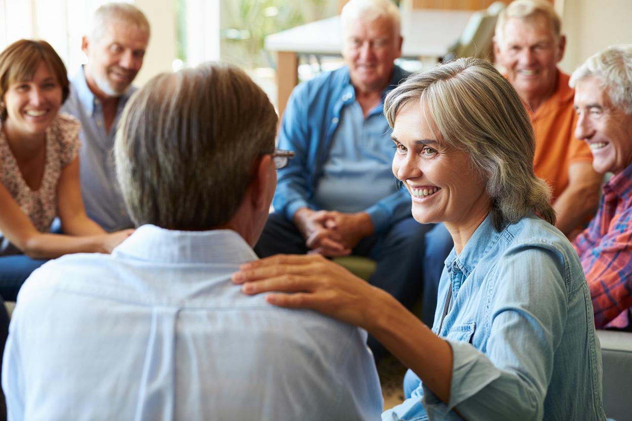 Группа людей общаются и поддерживают друг друга в зале для встреч.