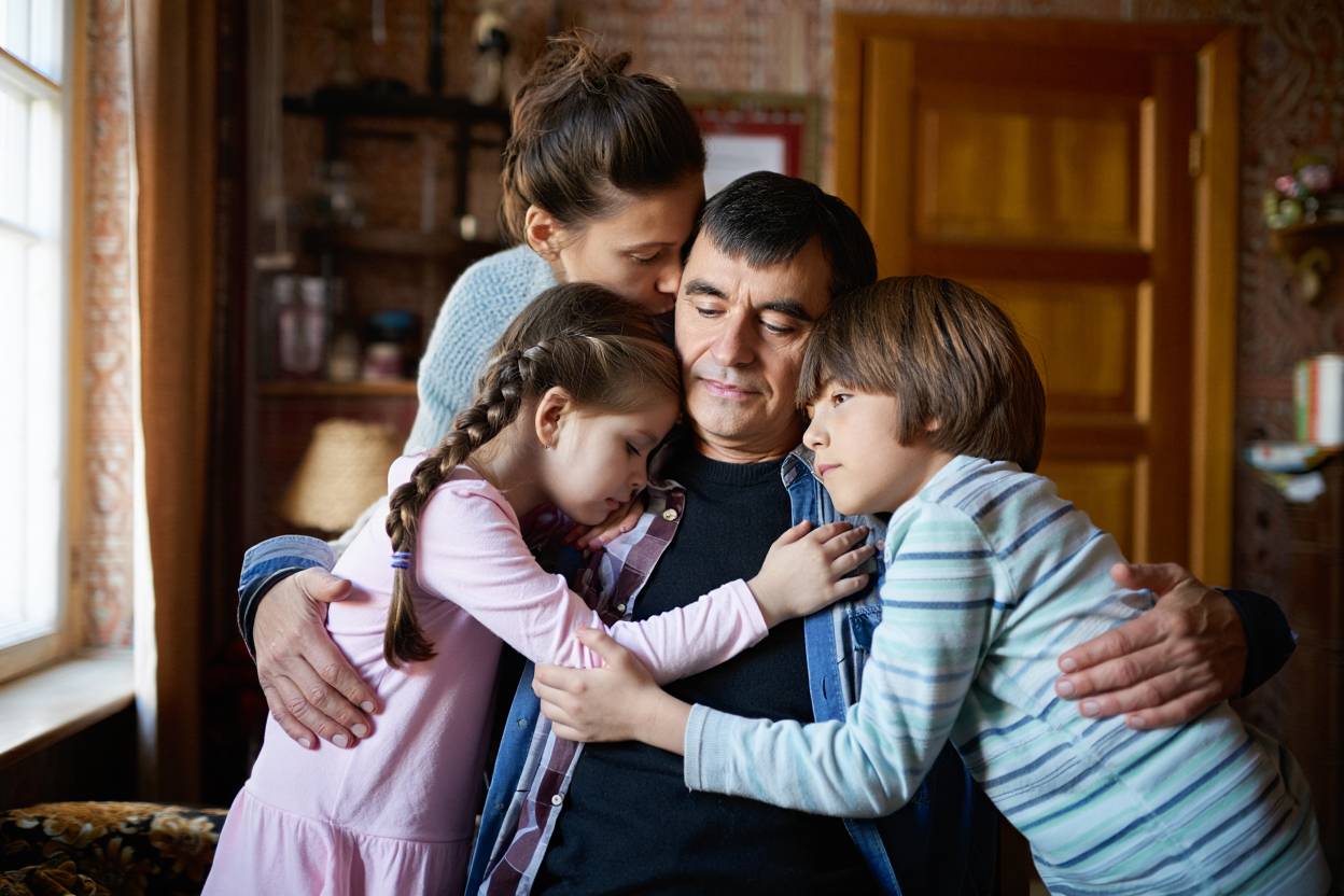 Семейное объятие: родители и двое детей в уютной комнате.