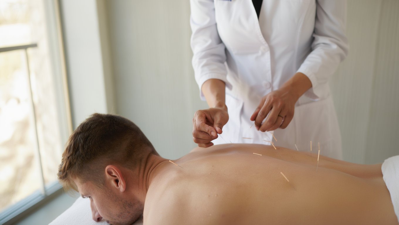 Мужчина на процедуре иглоукалывания
