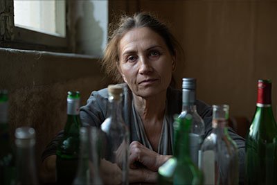 Влияние алкоголя Женщина сидит за столом вокруг много бутылок