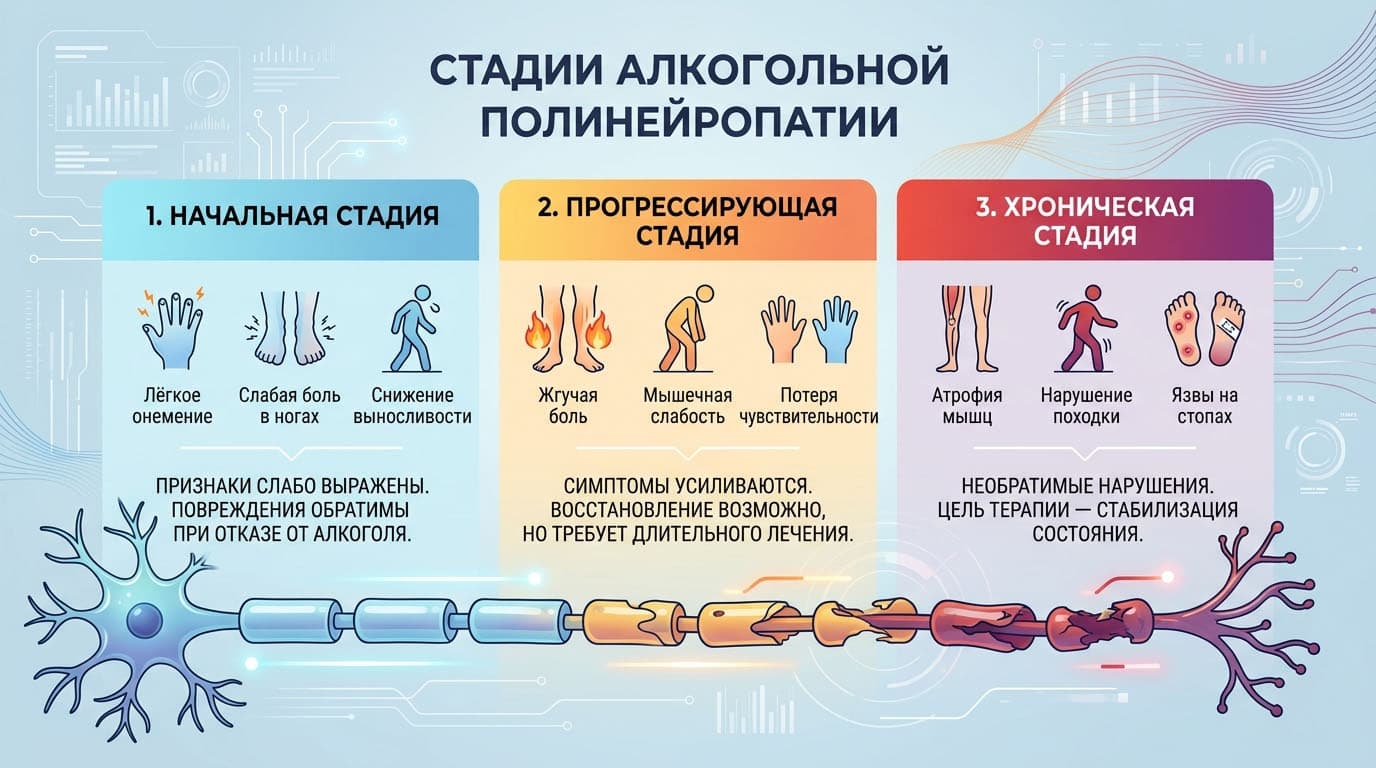Инфографика: Стадии алкогольной полинейропатии