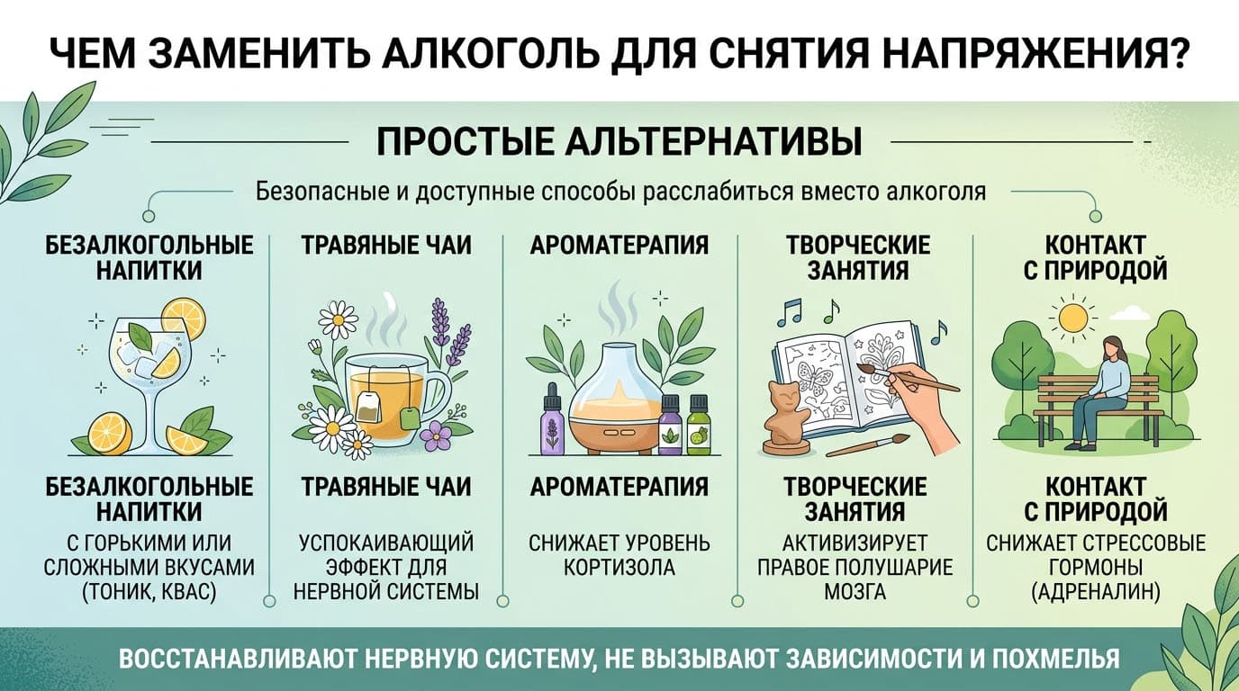Инфографика: Замена алкоголя при стрессе прямо сейчас: простые альтернативы