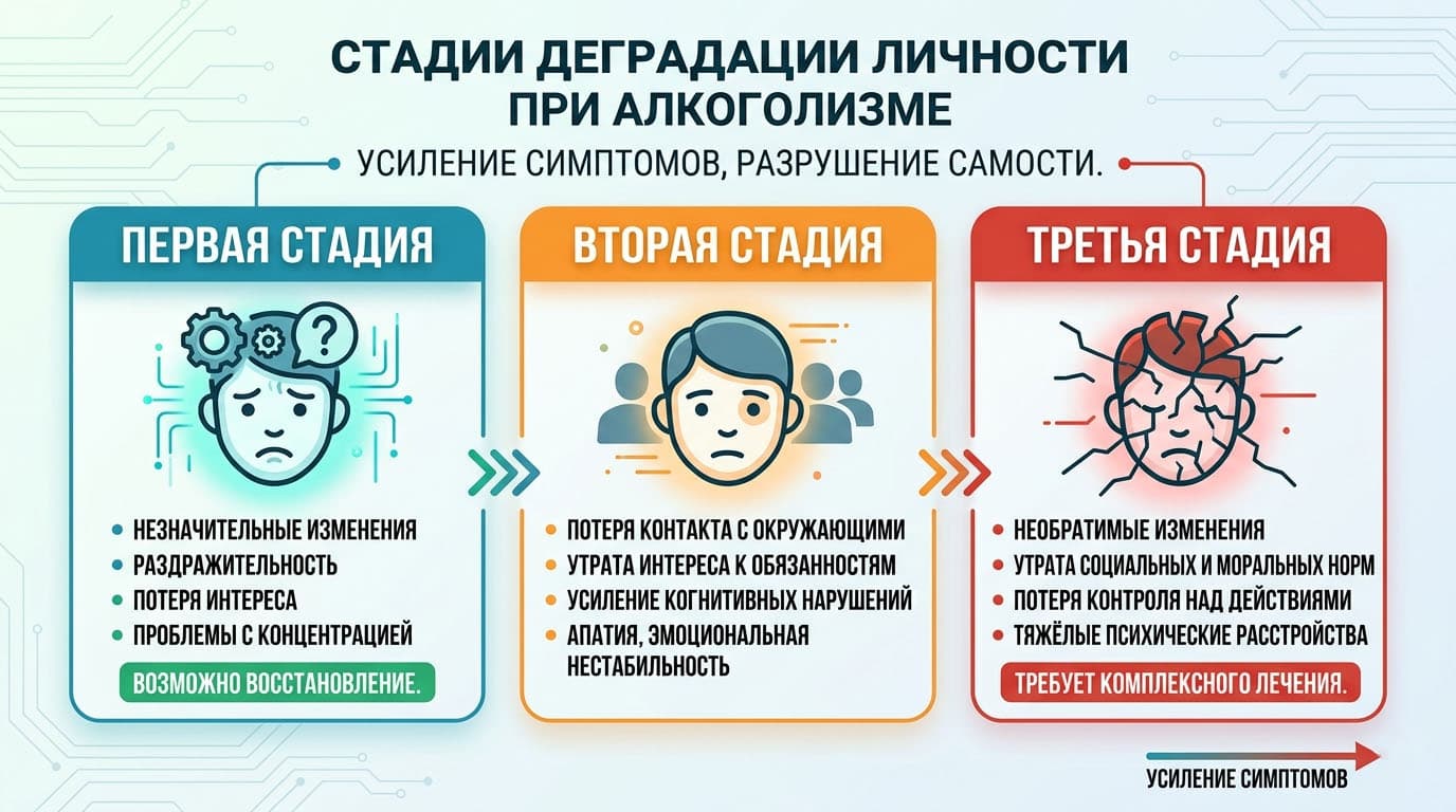 Инфографика: Стадии деградации личности при алкоголизме