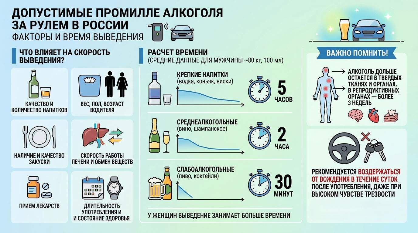 Инфографика: Сколько времени выводится алкоголь из организма