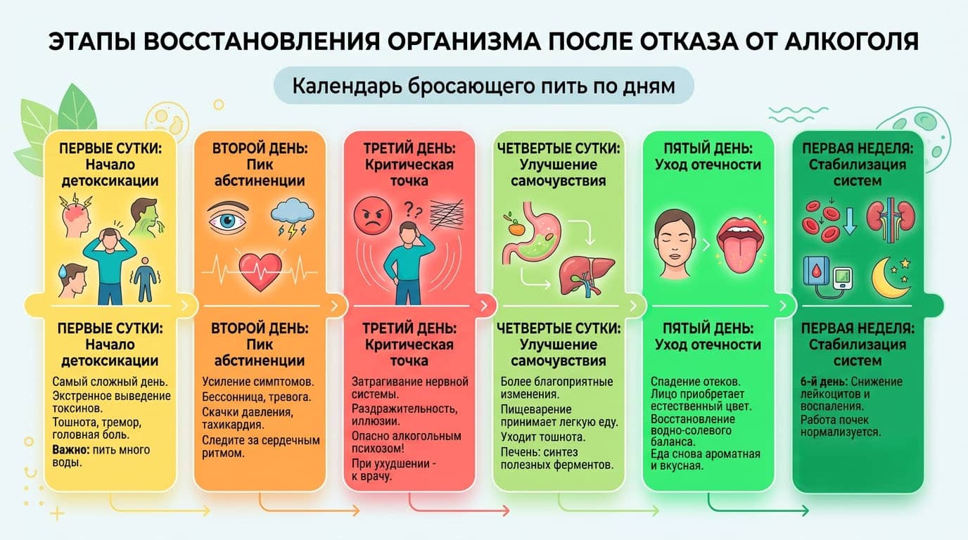 Инфографика: Этапы восстановления организма после отказа от алкоголя