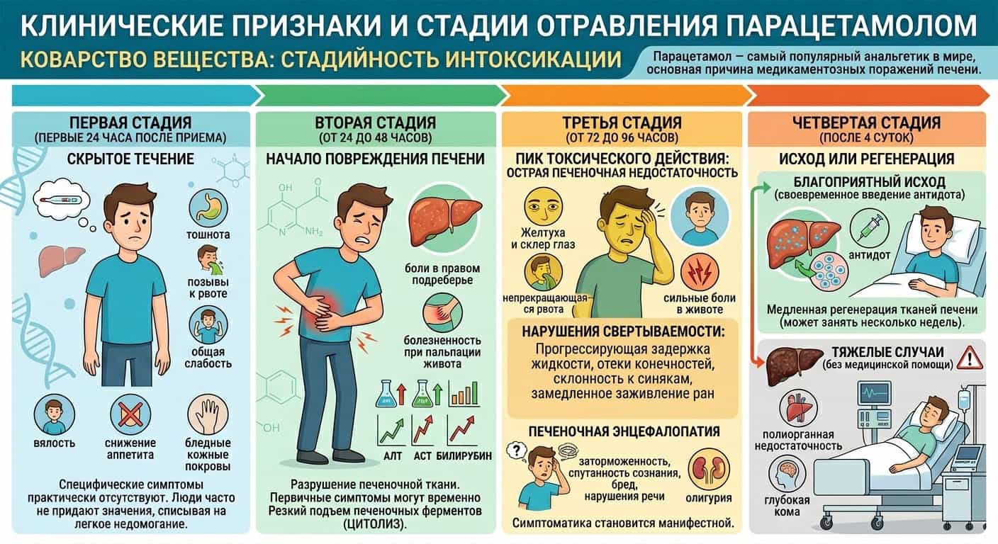 Инфографика: Клинические признаки и стадии отравления парацетамолом