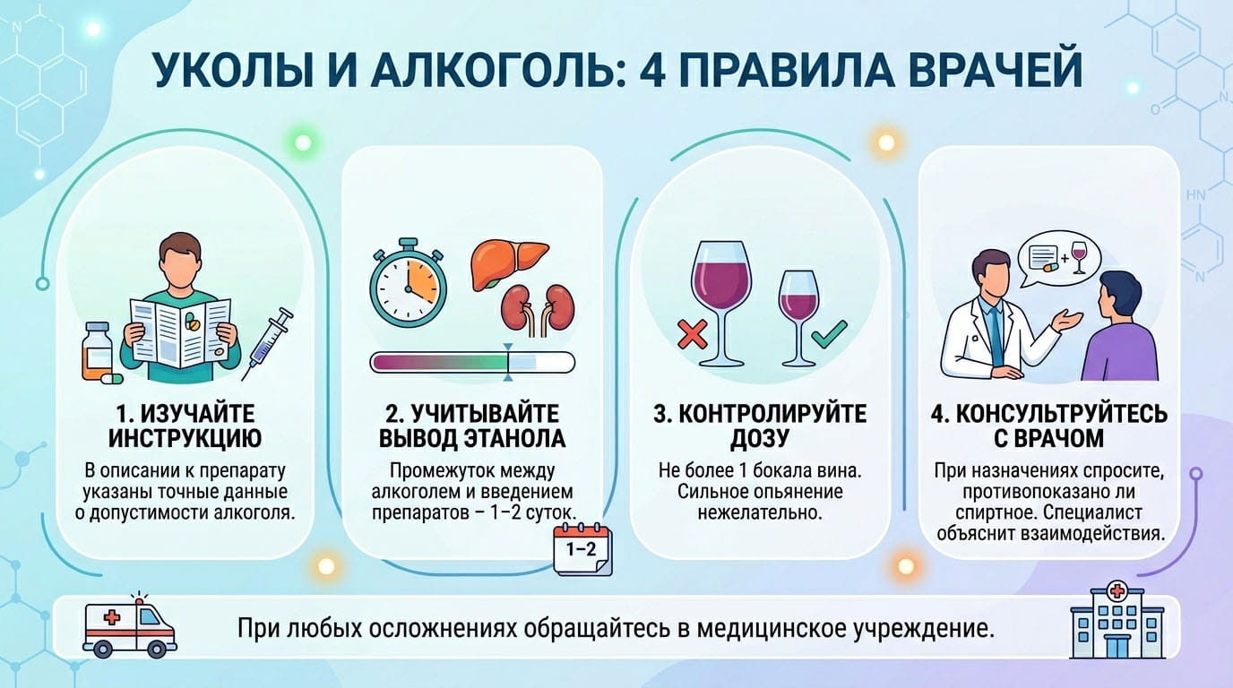 Инфографика: 4 правила при сочетании спиртного с уколами