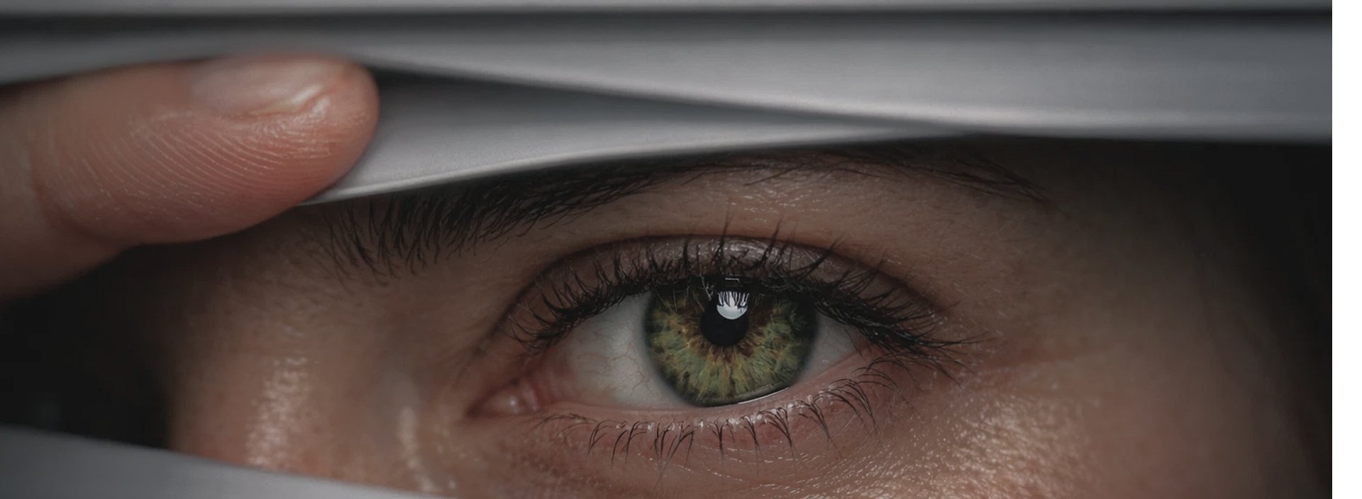 Глаз человека подглядывает через жалюзи